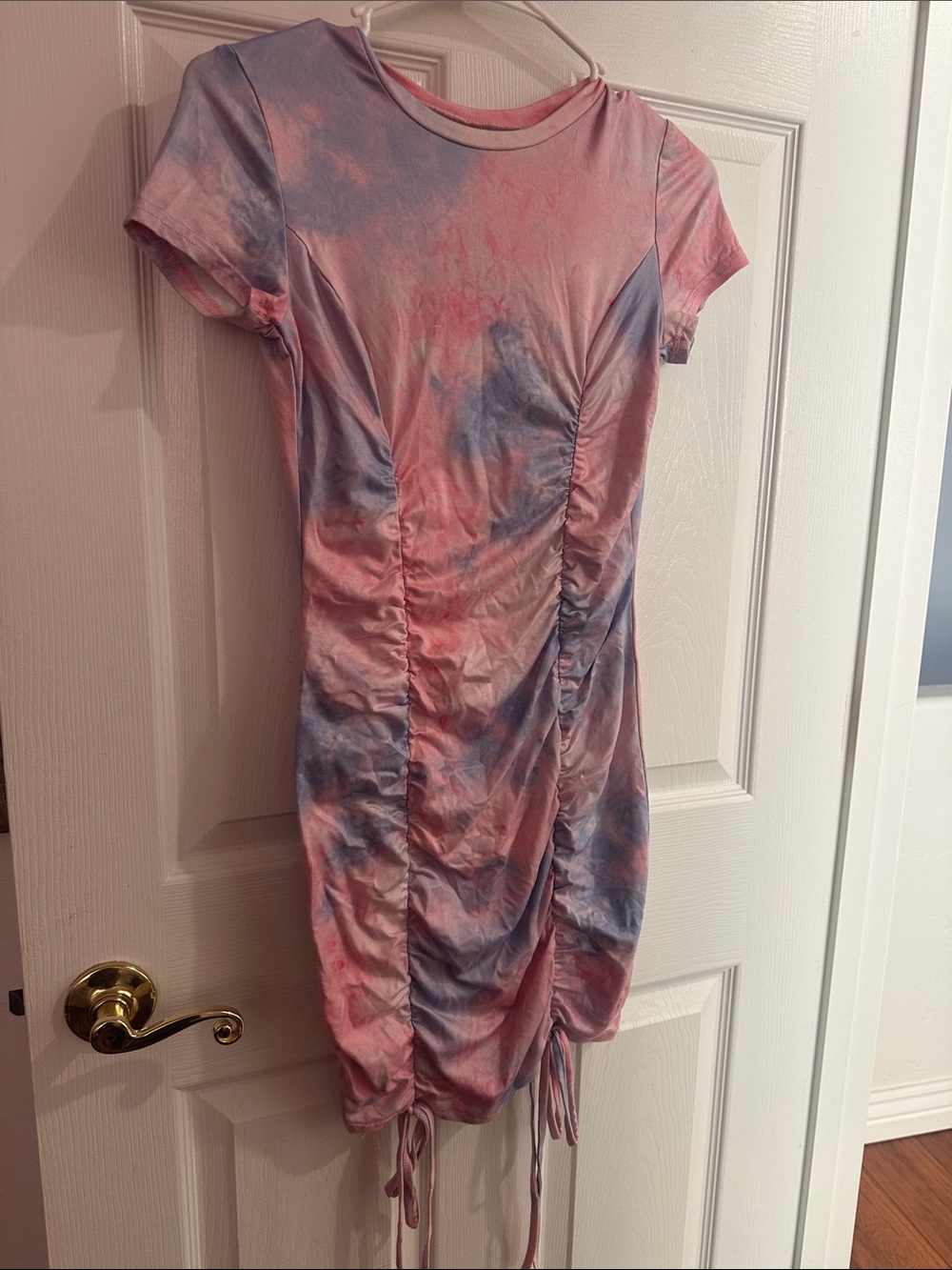Tie-Dye Pink & Blue Ruched Short Sleeve Dress